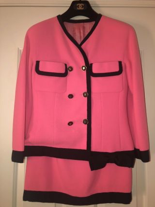 90s Vintage Chanel Pink Black Trim Jacket Skirt Suit Set Bow 2 Pocket Size 38