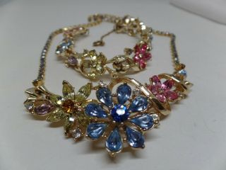 Coro Signed Vintage Pastel Crystal Floral Necklace And Bracelet