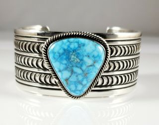 Sterling Silver Navajo Cuff Bracelet Rare Water Web Kingman Turquoise Ned Nez