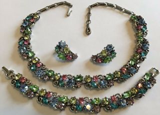 Vintage Lisner Signed Pastel Rhinestone Necklace Bracelet And Earrings Parure