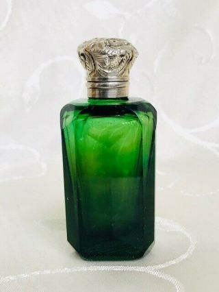 Antique Emerald Green Cut Glass Perfume Scent Bottle Silver Lid C1880