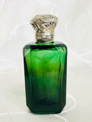ANTIQUE EMERALD GREEN CUT GLASS PERFUME SCENT BOTTLE SILVER LID C1880 4