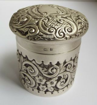 Lovely Decorative English Antique 1901 Solid Sterling Silver Lidded Canister Box