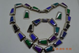Vintage Sterling Silver Taxco Mexico Inlay Necklace Earrings Bracelet Set 172 Gr