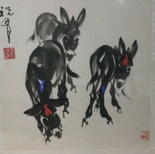 Signed Chinese Ink Wash Painting“three Donkeys” - Artist Signed And Seal 1