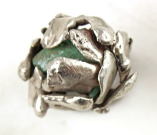 Signed Pal Kepenyes Brutalist Silver & Green Stone Modernist Ring