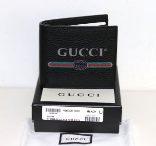 100 Authentic Gucci Vintage Logo Print Bi - Fold Black Leather Gg Wallet