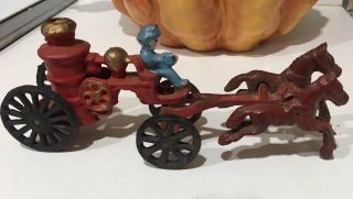 Vintage Cast Iron 2 Horse Drawn Fire Pumper Steam Wagon Driver Paint