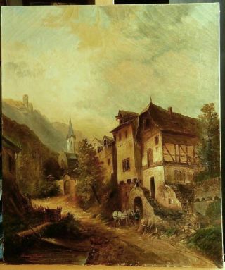" Amedee Miquel " (xix) Antique Oil Painting On Canvas " The Village " Dated 1879