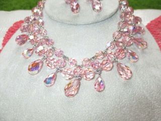 Estate Sherman Ab Candy Pink Crystal Prism Glass Festoon Necklace Earrings