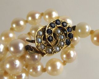 Vintage Estate 6mm Matched Akoya Pearl Necklace Solid 9ct Gold Sapphire Clasp
