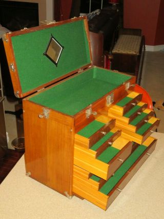 Vintage Minty 1960 WALNUT Wood Gerstner Machinist Tool Box Chest w/Key PRISTINE 11