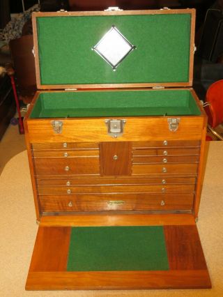 Vintage Minty 1960 Walnut Wood Gerstner Machinist Tool Box Chest W/key Pristine