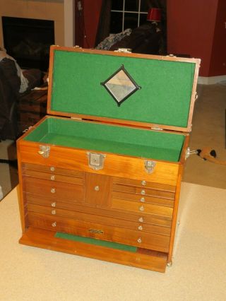 Vintage Minty 1960 WALNUT Wood Gerstner Machinist Tool Box Chest w/Key PRISTINE 2