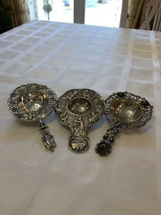 A Lovely 3 Antique Dutch Solid Silver Tea Strainers,  1924/38
