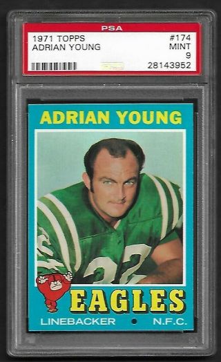 1971 Topps 174 Adrian Young Psa 9,  Eagles,  Ultra Rare,  Pop 2,  1 Higher