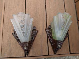 Antique Art Deco Wall Sconce Slip Shade Frosted Glass Embossed Flowers