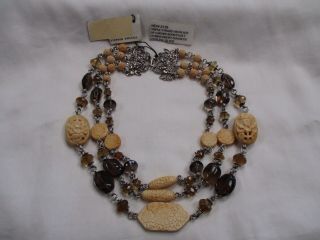 Stephen Dweck Triple Strand Silver Necklace - Carved Bone - Citrine Smoky NuggetsNR 2