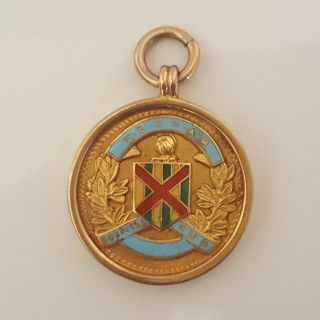9ct Solid Gold And Enamel Fob Medal Birmingham Hallmarks/c1930 