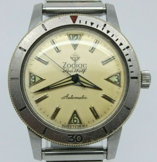 Vintage Zodiac Sea Wolf Mens 35mm Steel Automatic Divers Watch &