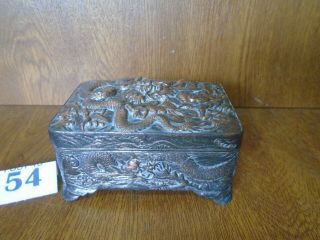 Signed Copper / Silver Plated Chinese Dragon Decorated Trinket Box / Casket
