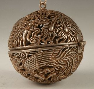 Tibetan Silver Carving Dragon And Phoenix Statue Pendant Hollow Incense Burner Z