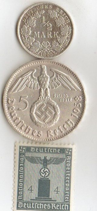 - Ww2 - 5 Mark German Silver Eagle (. 900) Coin/stamp