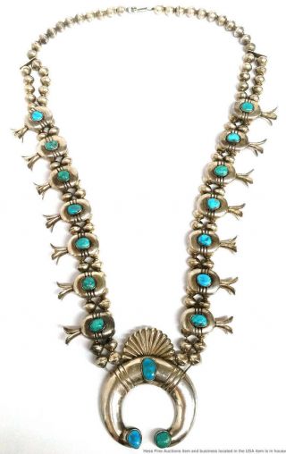 Vintage Old Pawn Heavy Silver Turquoise Native American Squash Blossom Necklace