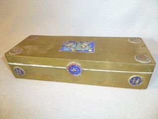 Antique Early 20th C Chinese Brass Trinket Jewelry Box Hand Painted Brass Relief