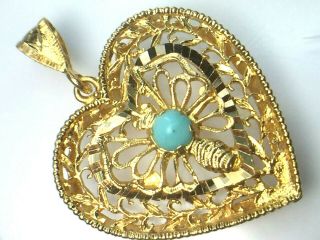 Ornate 14k Yellow Gold Natural Turquoise Filigree Butterfly Heart Charm.  7.  0gm