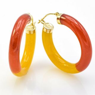 Estate 14k Yellow Gold Translucent Red & Orange Jade Hoop Earrings 10.  0 Gr