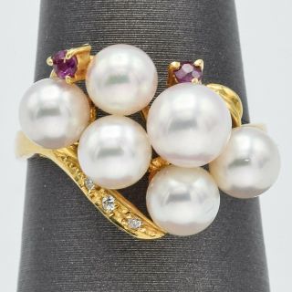 Vintage 18k Yellow Gold Sea Pearl Diamond Ruby Ring 4.  5 Grams H Si - 1