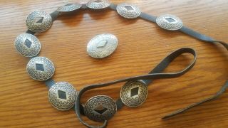 Vintage Antique Navajo Sterling Silver Diamond Concho Leather Belt Signed Oh M