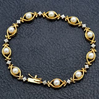 Vintage 14k Yellow Gold Sea Pearl & Diamond Link Bracelet 8.  1 Grams