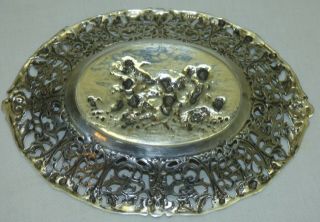 Antique German Hanau 800 Silver Candy Bowl Dish Cherubs Putti Openwork Repousse 7