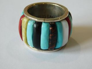 Huge Vintage Sterling Native American Carlos Eagle Ottawa Multi - Gemstone Ring 2