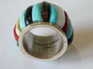 Huge Vintage Sterling Native American Carlos Eagle Ottawa Multi - Gemstone Ring 5