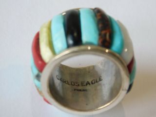 Huge Vintage Sterling Native American Carlos Eagle Ottawa Multi - Gemstone Ring 6