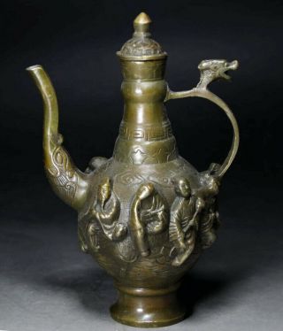 Collectable Antique Bronze Hand Carve 8 Immortal & Dragon Auspicious Wine Pot