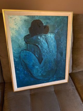 Nude J Brown Mid Century Modern Blue Vintage Painting Signed 18.  5x23” Cool