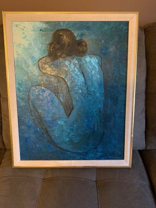 NUDE J BROWN MID CENTURY MODERN BLUE Vintage Painting Signed 18.  5x23” COOL 2