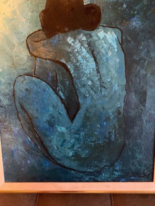 NUDE J BROWN MID CENTURY MODERN BLUE Vintage Painting Signed 18.  5x23” COOL 5