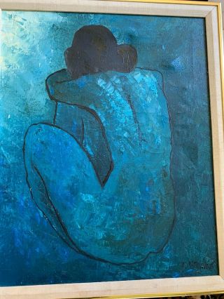 NUDE J BROWN MID CENTURY MODERN BLUE Vintage Painting Signed 18.  5x23” COOL 7