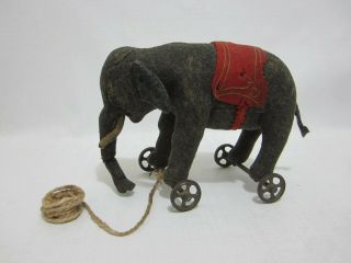 Steiff Antique Felt Elephant On Cast Iron Metal Wheels Red Felt Saddle Blanket