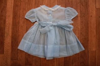 Vintage 1950s Shear Nylon Baby Girl Toddler Party Dress Blue Swiss Dot 6