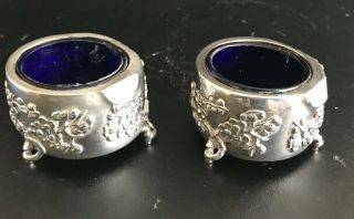 Pair Antique Chinese Silver Salts - Wang Hing - Flower & Foliage - Blue Glass Liners