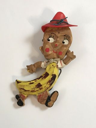 Rare Huge Vintage Art Deco Enamel Celluloid “banana Boy “ Wood Brooch Pin