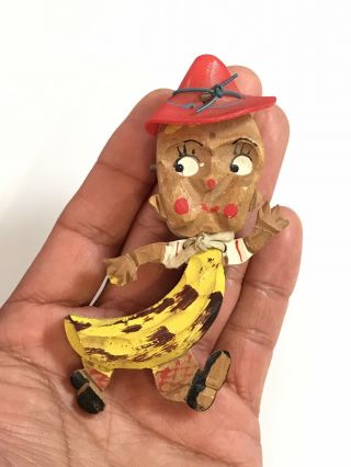 RARE HUGE VINTAGE ART DECO ENAMEL CELLULOID “BANANA BOY “ WOOD BROOCH PIN 3