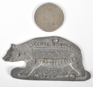 Vintage Antique 1916 California Bear License Metal Badge Plate Tag 2 - 3/4 " Long