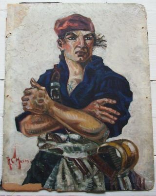 30s 40s 50s Oil Painting Vintage Male Portrait Tattooed Pirate Sailor Signed